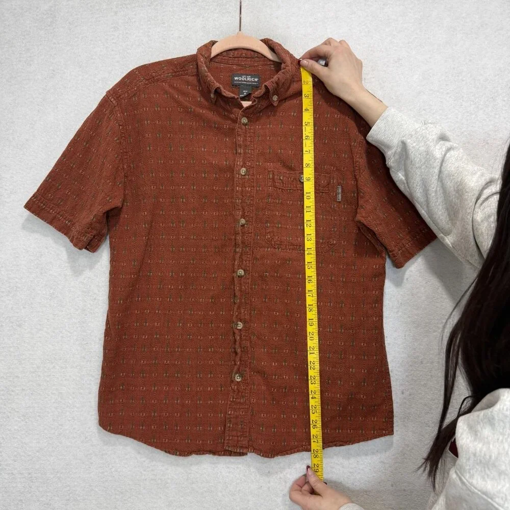 Woolrich Shirt Mens Medium Rust Orange Geometric Short Sleeve Button Up Cotton